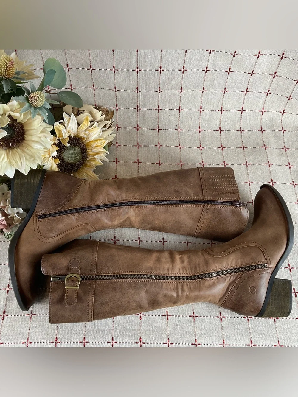 BORN Fannar Brown Leather Knee High Boots F32716 Size 6 Full Zip Riding Boots